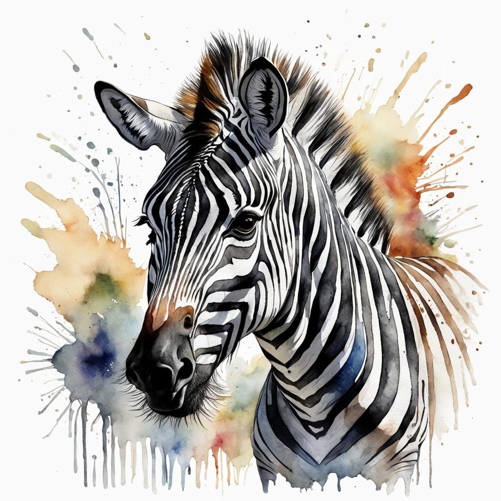 Vibrant Watercolor Zebra Portrait on White Background
