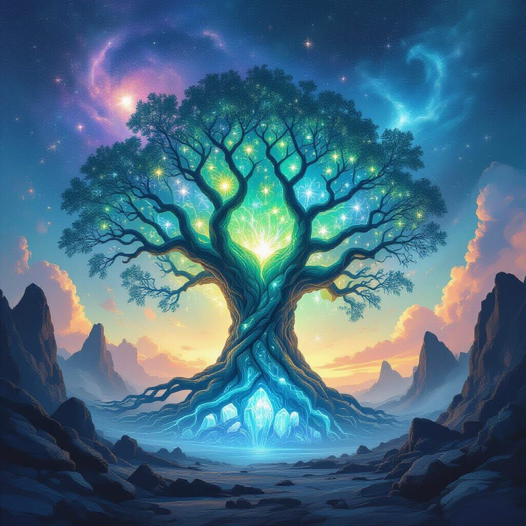 Bioluminescent Tree Under Nebula Sky: Digital Watercolor Pai...