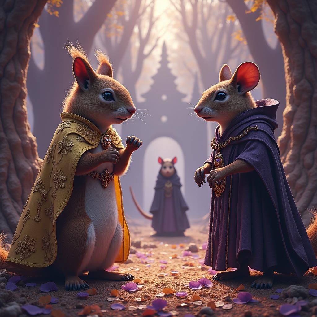 Squirrel King Confronts Rat Monk in Fantasy Landscape
