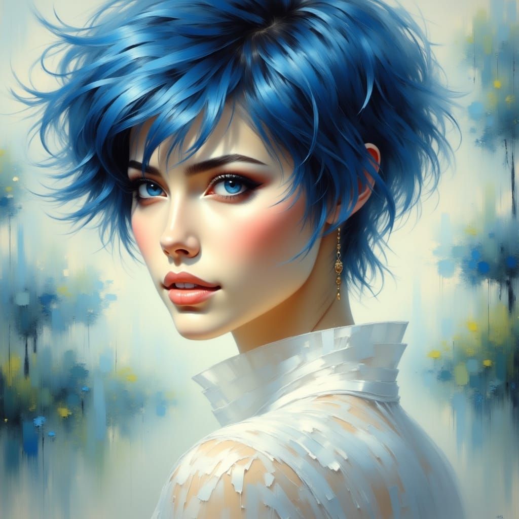 Beautiful Woman with Blue Hair as Pastel Painting