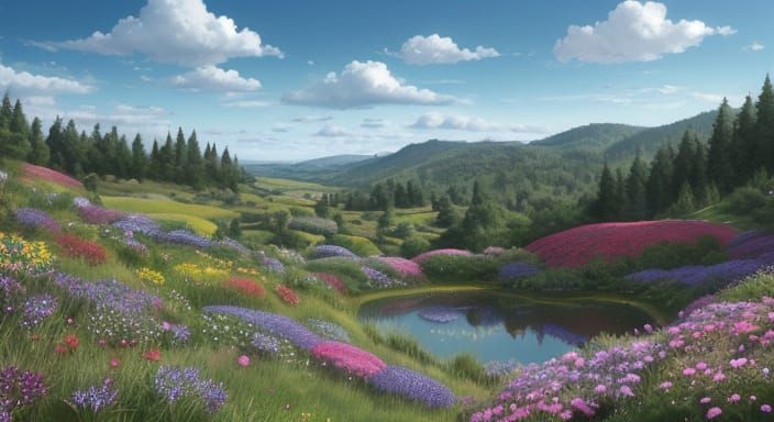 Vibrant Rolling Hills with Flowers and Pond