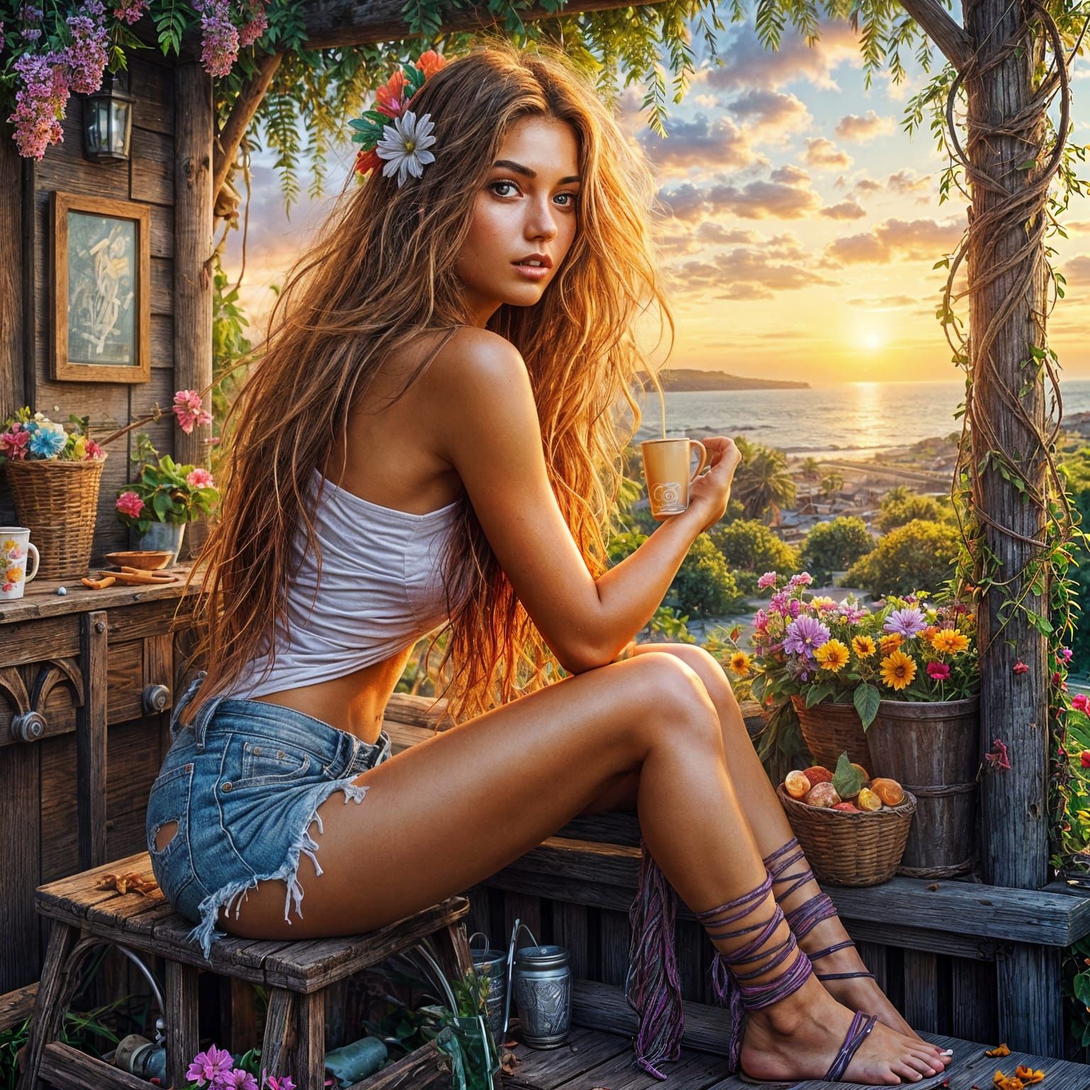Stunning Woman Enjoying Coffee at Sunrise