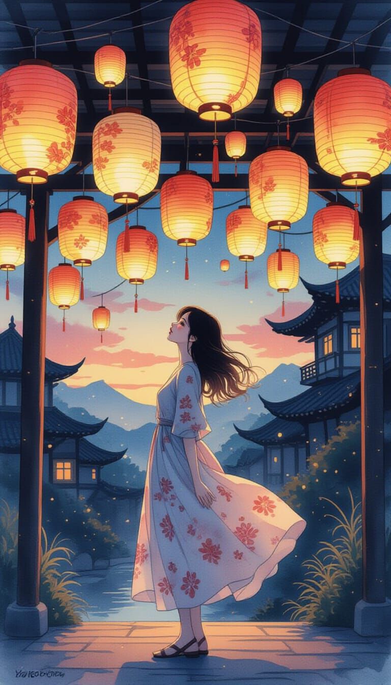 Woman Under Lanterns: Dreamlike Realism with Ink Accents