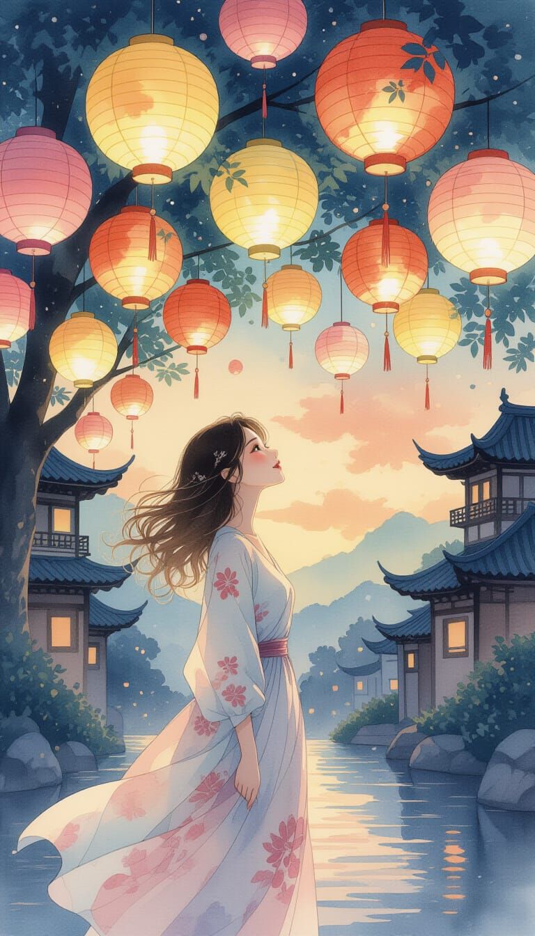 Woman Under Lanterns: Dreamlike Realism in Ink