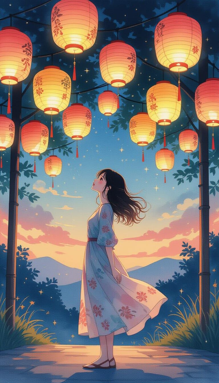 Woman Under Lanterns: Dreamlike East Asian Ink Painting