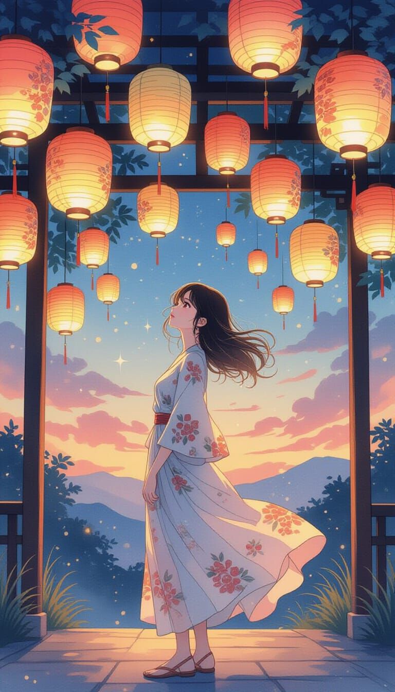 Woman Gazing at Floating Lanterns: Dreamlike Realism