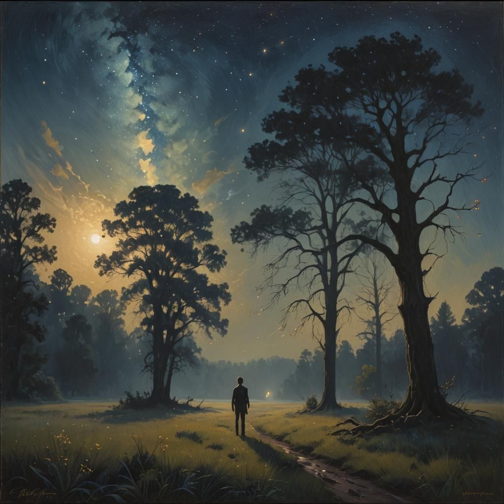 Moody Figure Overlooking Dark Meadow, in Oil Painting Style