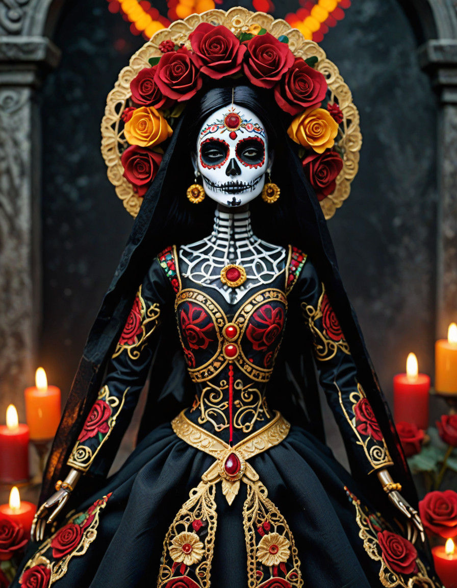 Santa Muerte Barbie Doll in Traditional Day of the Dead Gown