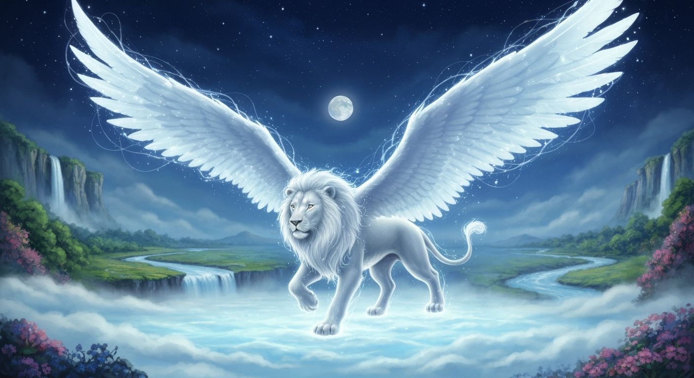 Winged Lion Soaring Over Luminous Landscape as Watercolor