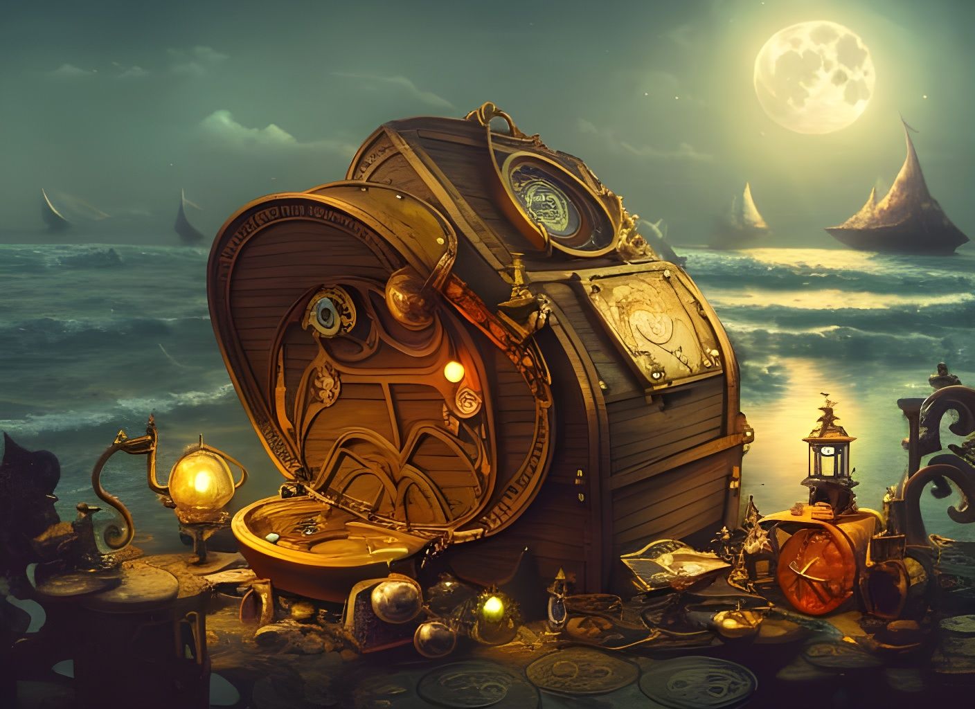 Moonlit Steampunk Treasure Chest, Art Nouveau Style
