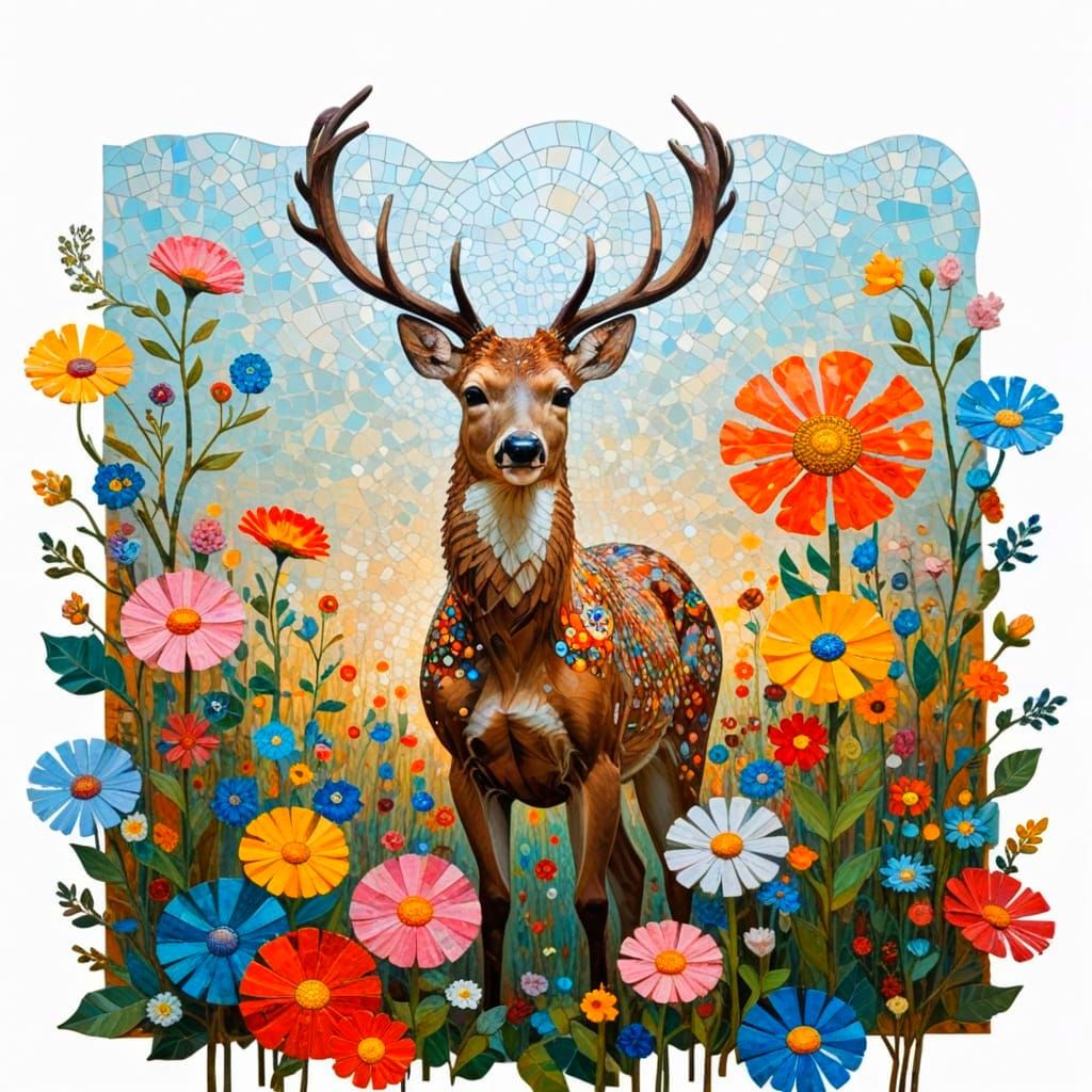 Deer Amidst Mosaic Flowers Under Radiant Orb Sky