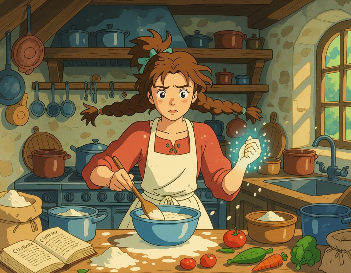 Young Witch Magically Cooking in Chaotic Kitchen