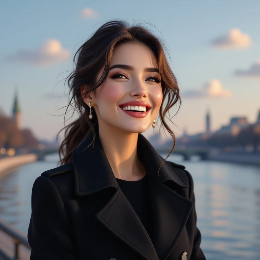 Goddess in Black Coat Laughs by River