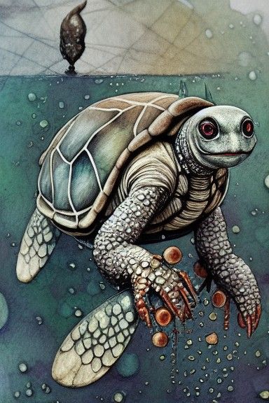 Anthropomorphic Turtle in Mixed Media Painting