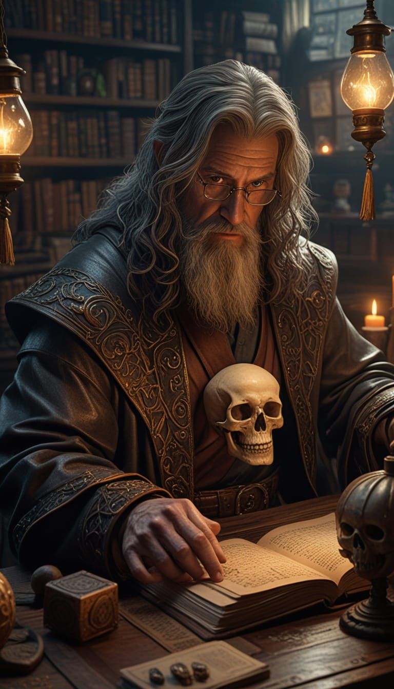 Harry Dresden Engrossed in Mahjong with Bob the Skull in his...