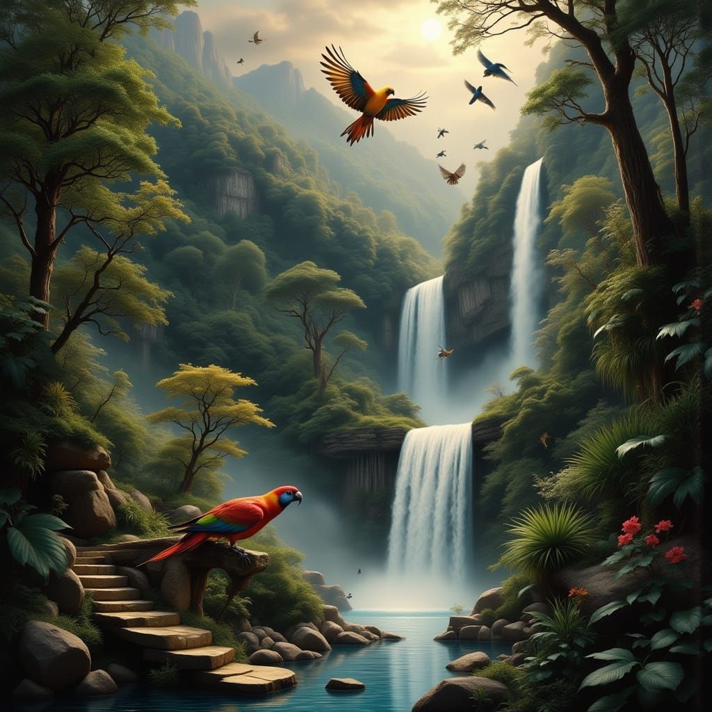 Surreal Jungle Waterfalls with Birds in Flight, Cinematic Fi...