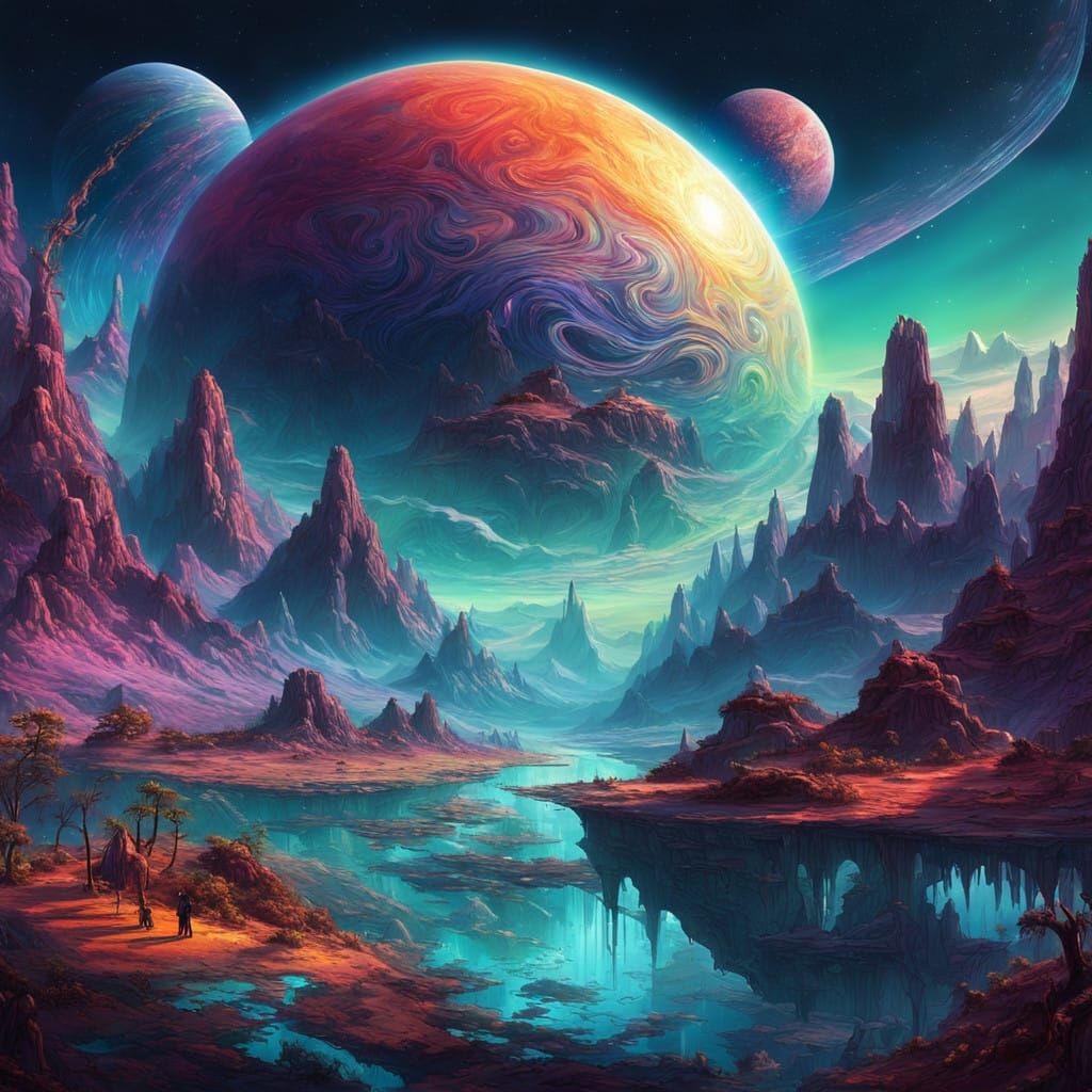 Glowing Iridescent Planet Rises Over the Horizon in Ethereal...