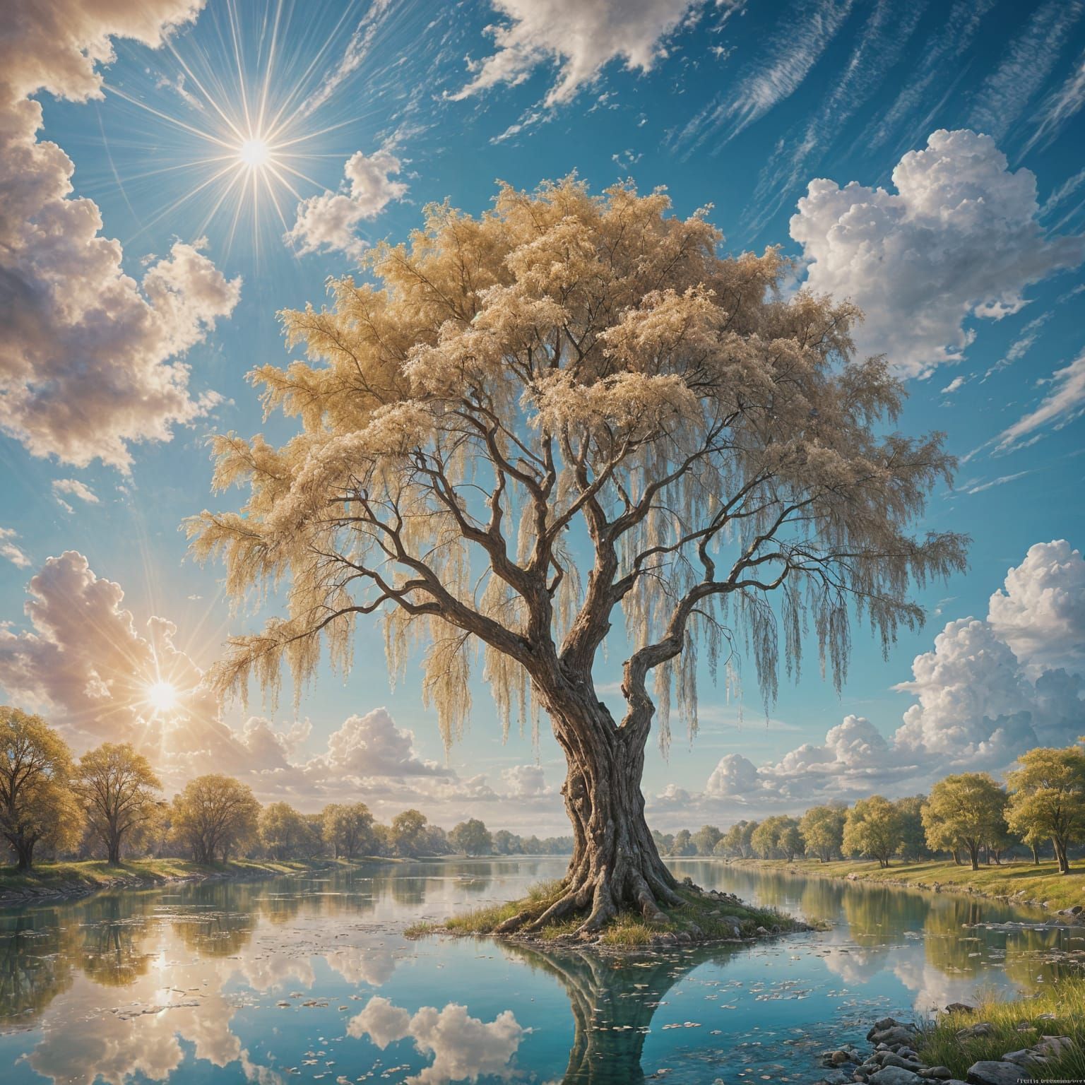 Ethereal Willow Tree Blossom in Surrealist Oil Painting Styl...