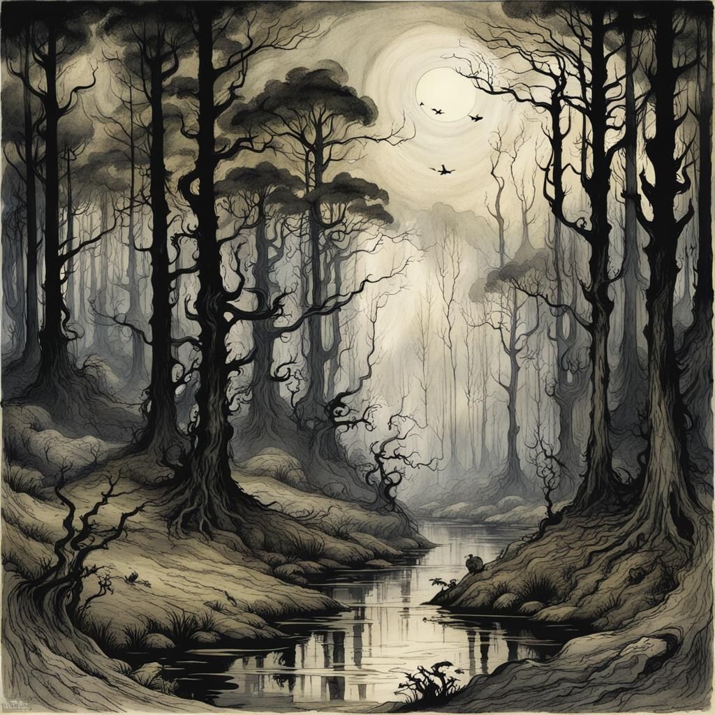 Mystical Haunted Forest in Arthur Rackham Style