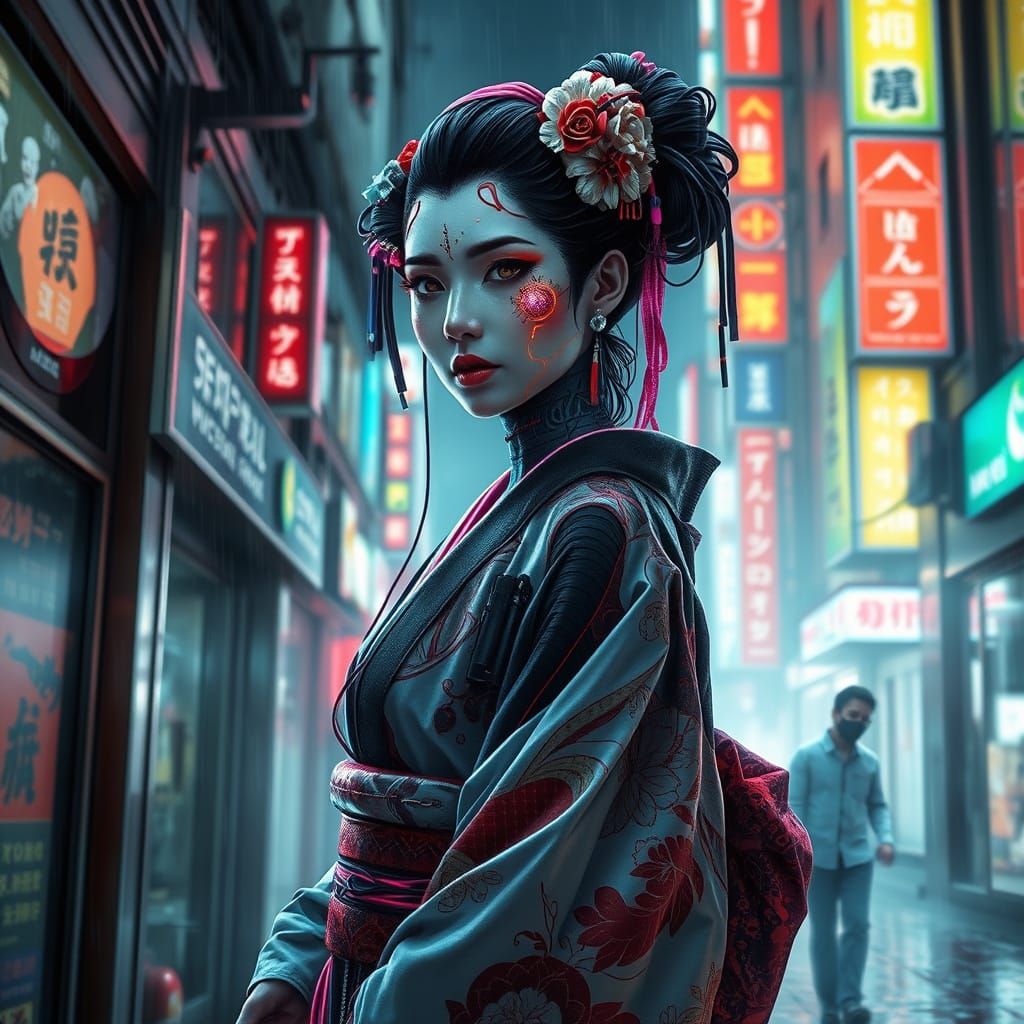 Cyberpunk Geisha in Hyperrealistic Tokyo Alleyway