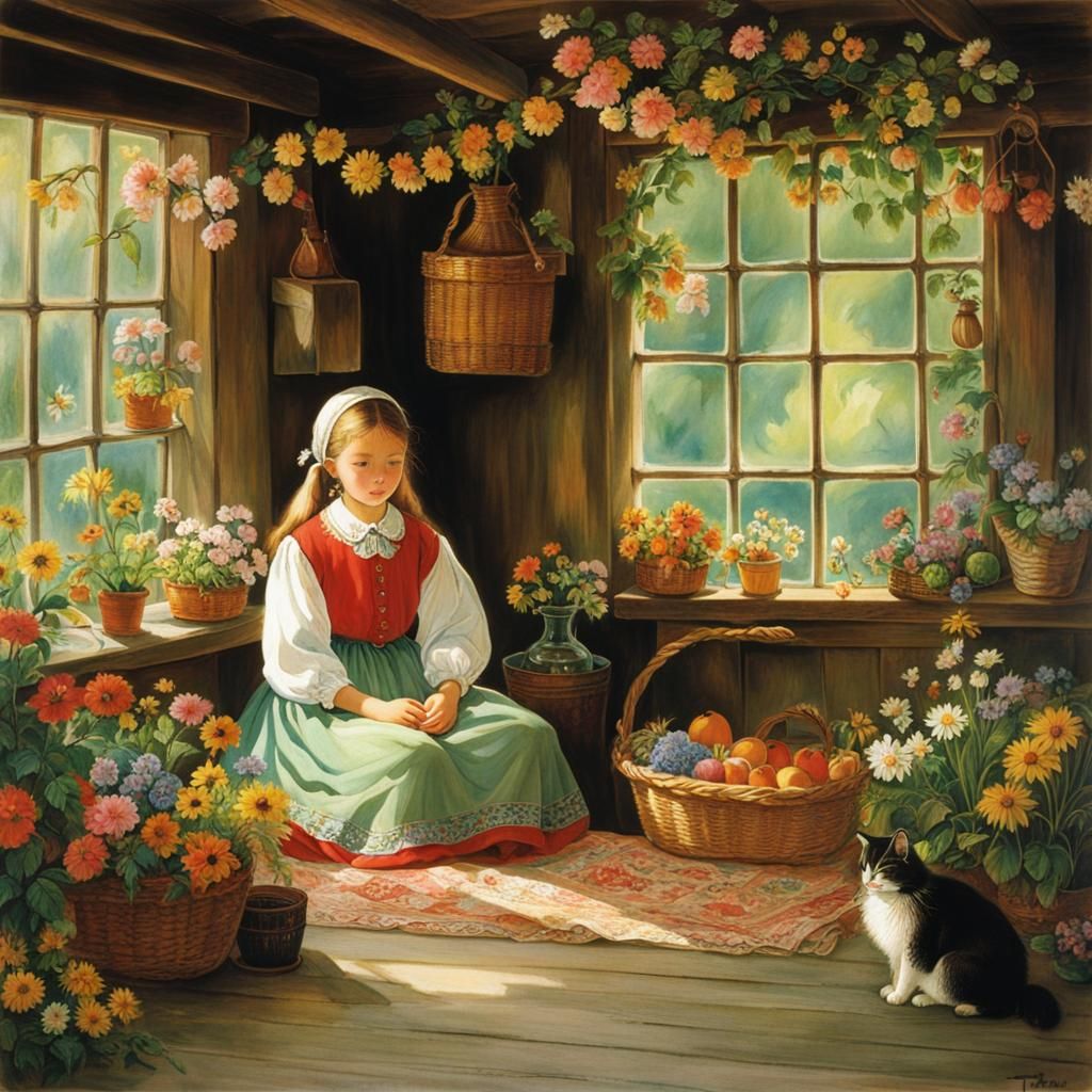 Peaceful Anime Girl in Tasha Tudor Style