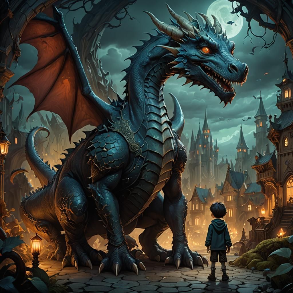Boy and Dragon in Whimsical Dark Fantasy Style