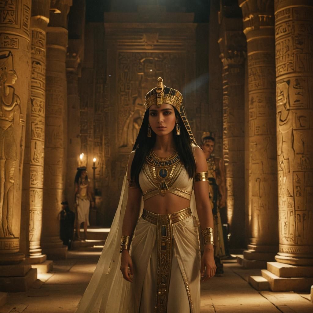 Pharaoh and Princess in Egyptian Temple at Night