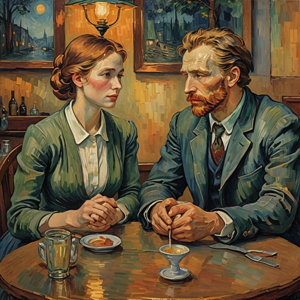 Romantic Couple in Restaurant, Neo-Impressionist Style