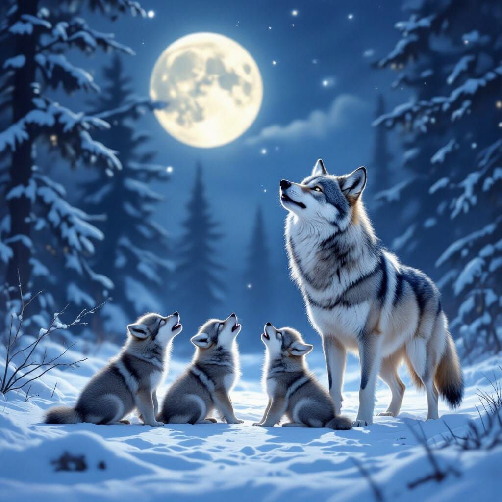 Mother Wolf and Pups Howling Under Full Moon