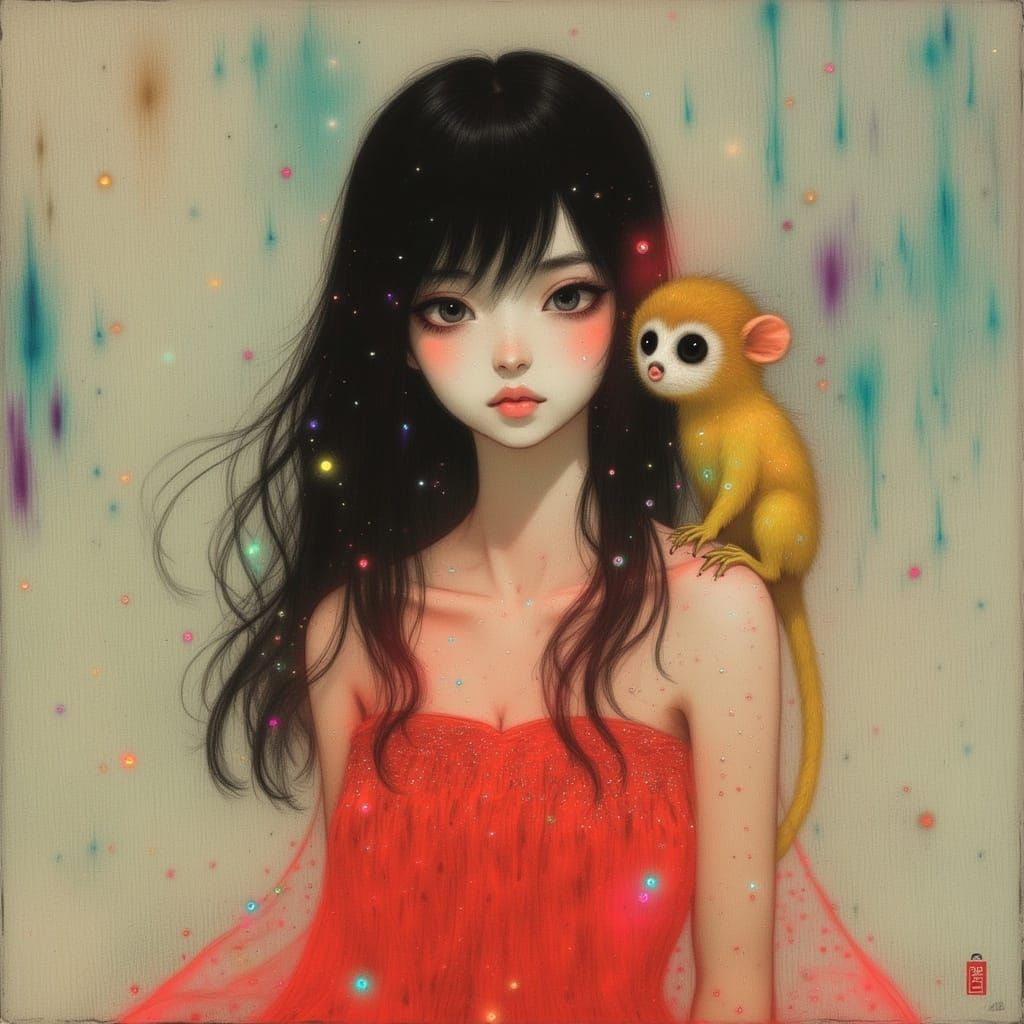 Ethereal Young Woman with Golden Marmoset in Dreamy Japanese...