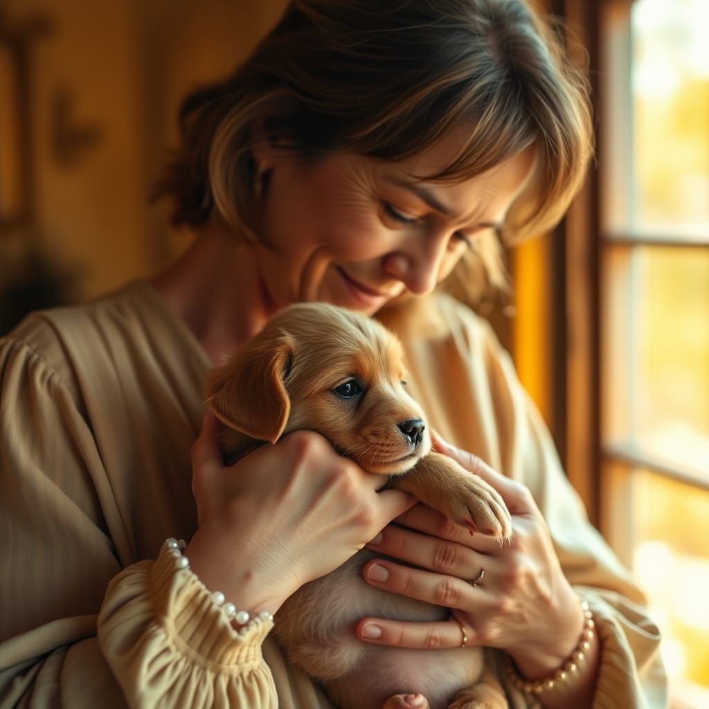 Compassionate Lady Cradles Wounded Puppy in Golden Light