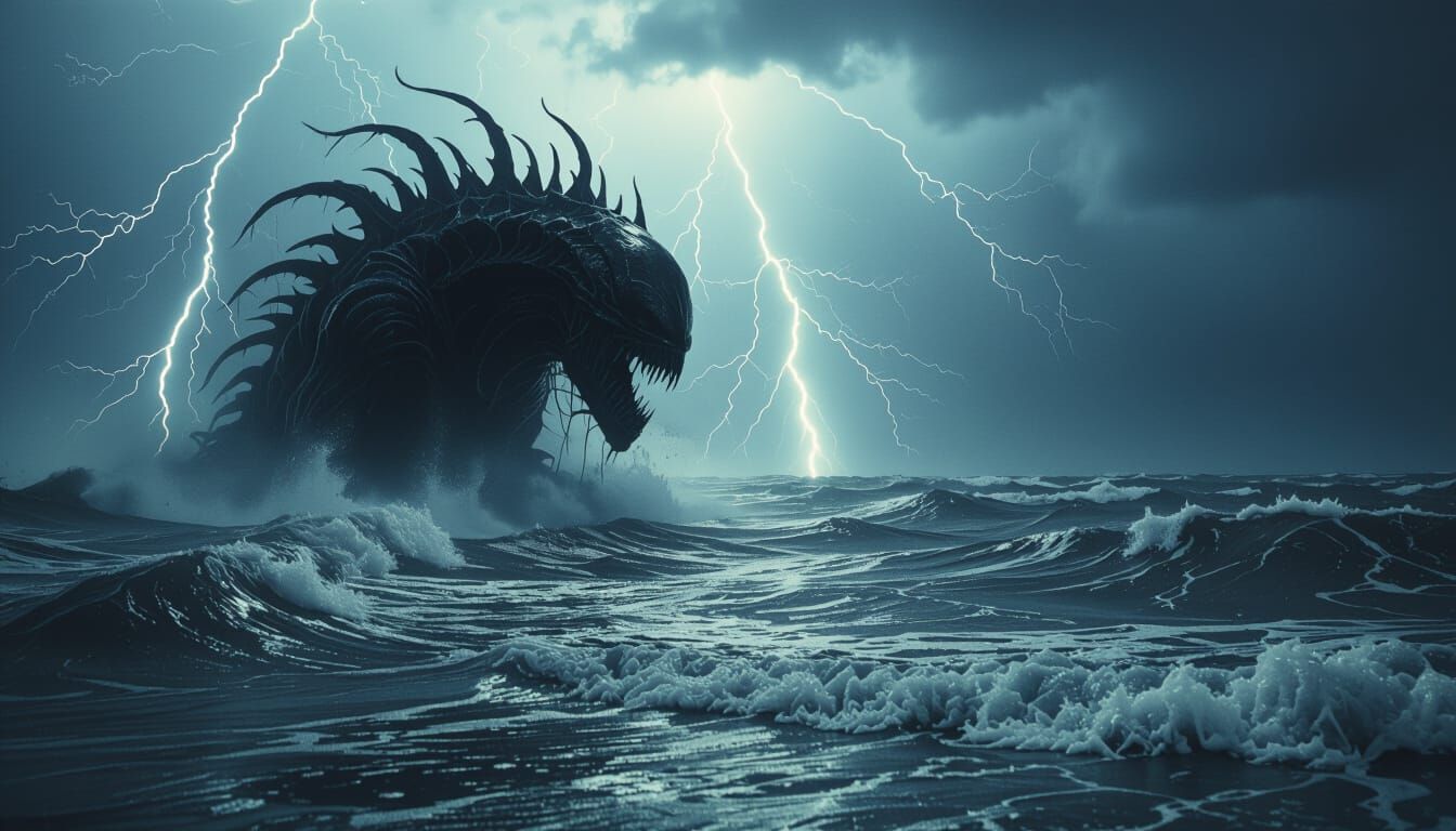 Writhing Ocean Illuminated by Lightning in Gothic Style
