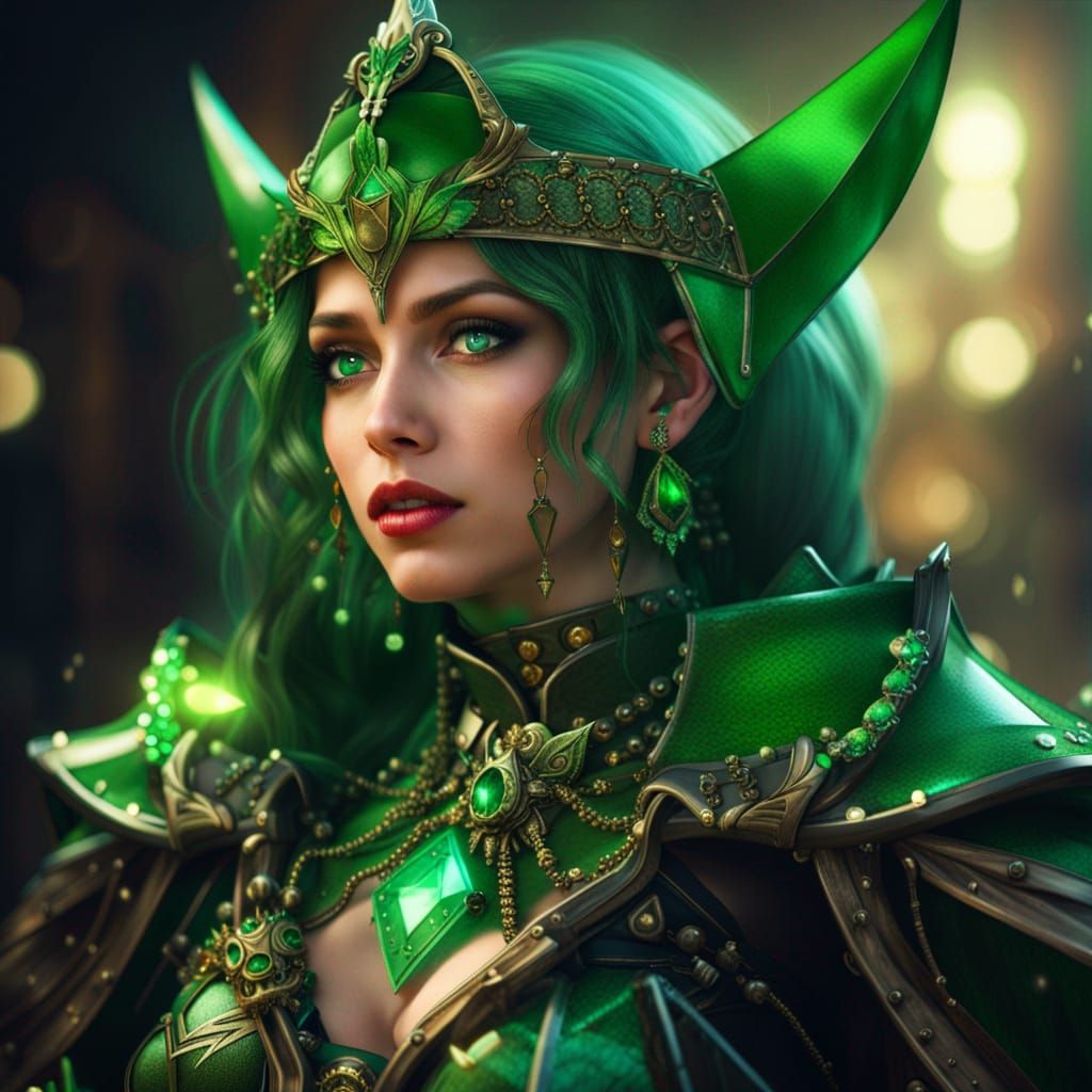 Fantasy Witch Portrait with Emerald Jewelry in Hyperrealisti...