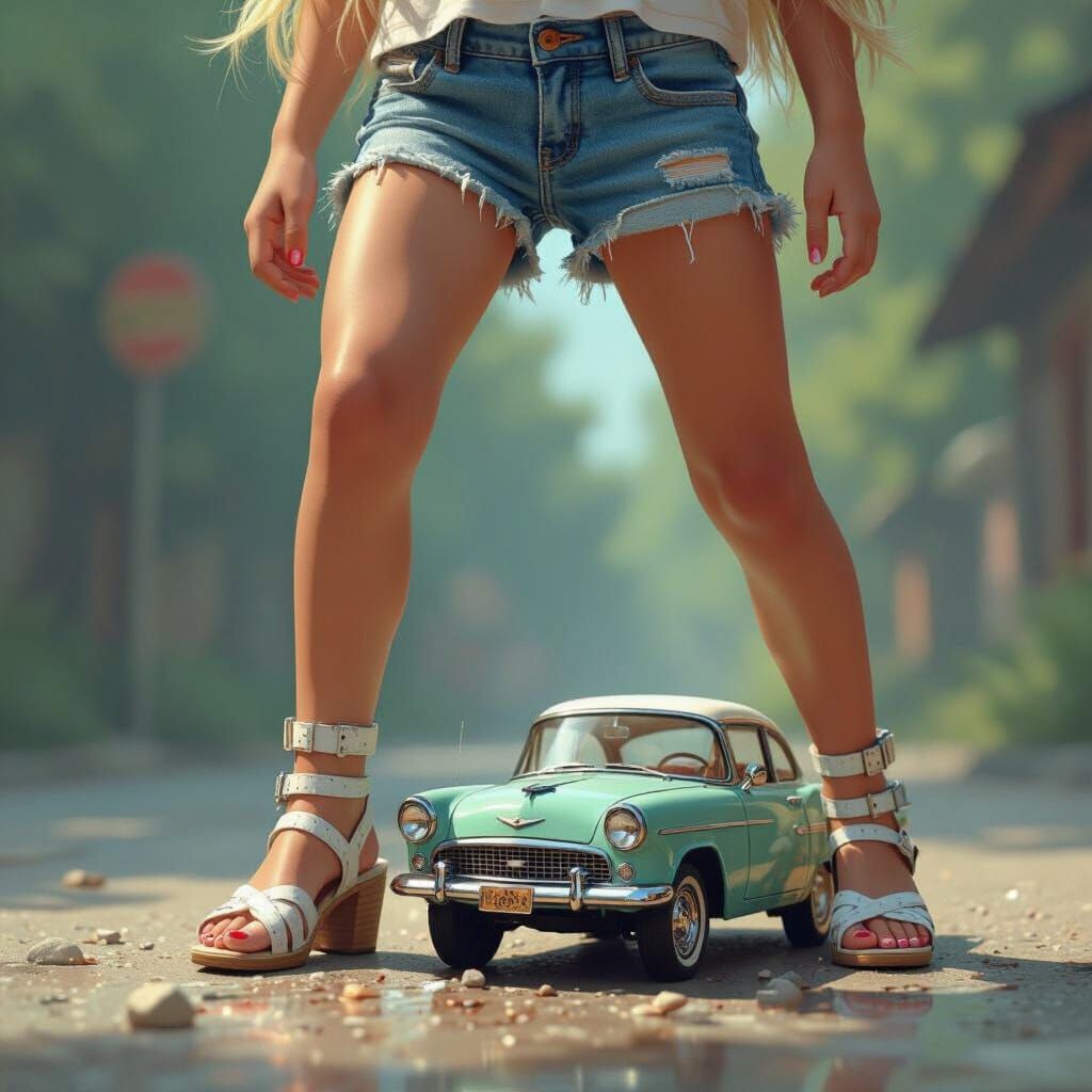 Girl Crushes Toy Car in Hyper-Realistic Digital Art