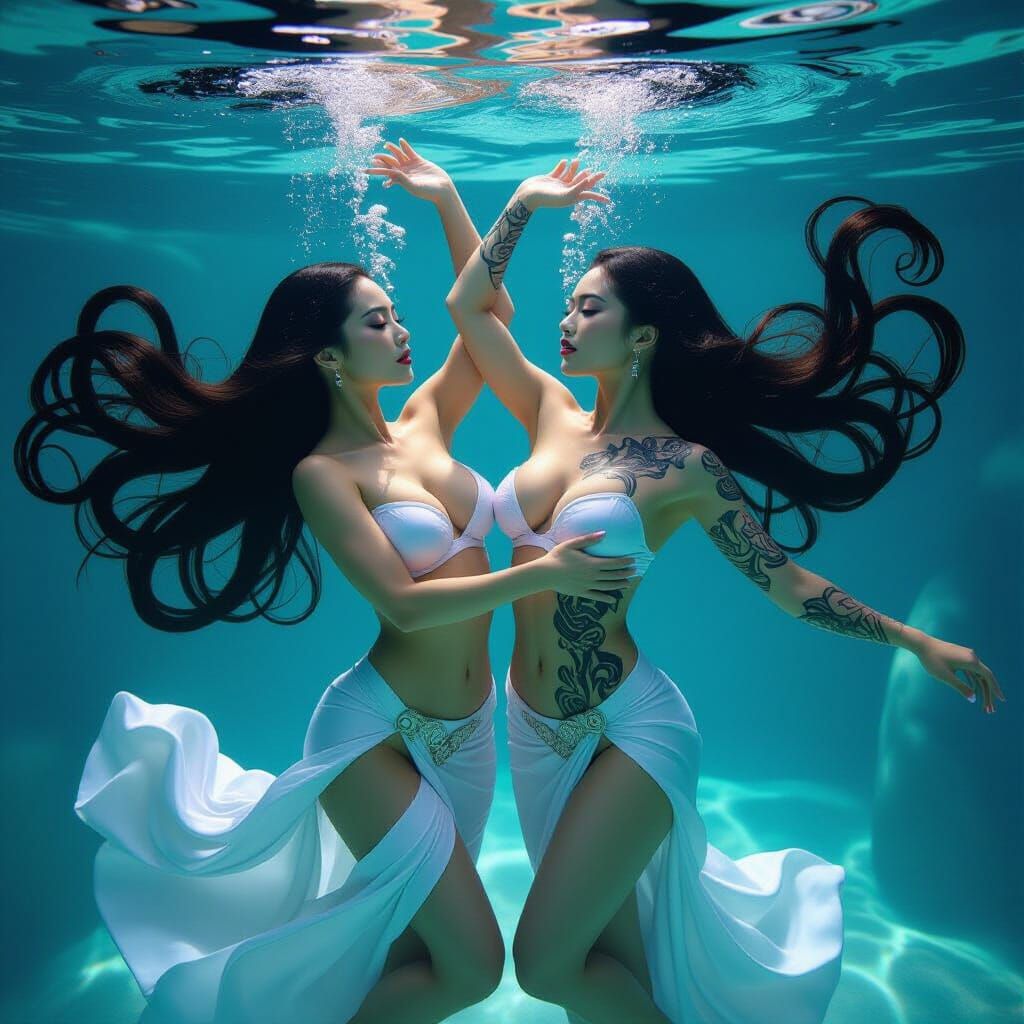 Asian Women Dancing Underwater in Ethereal Spa