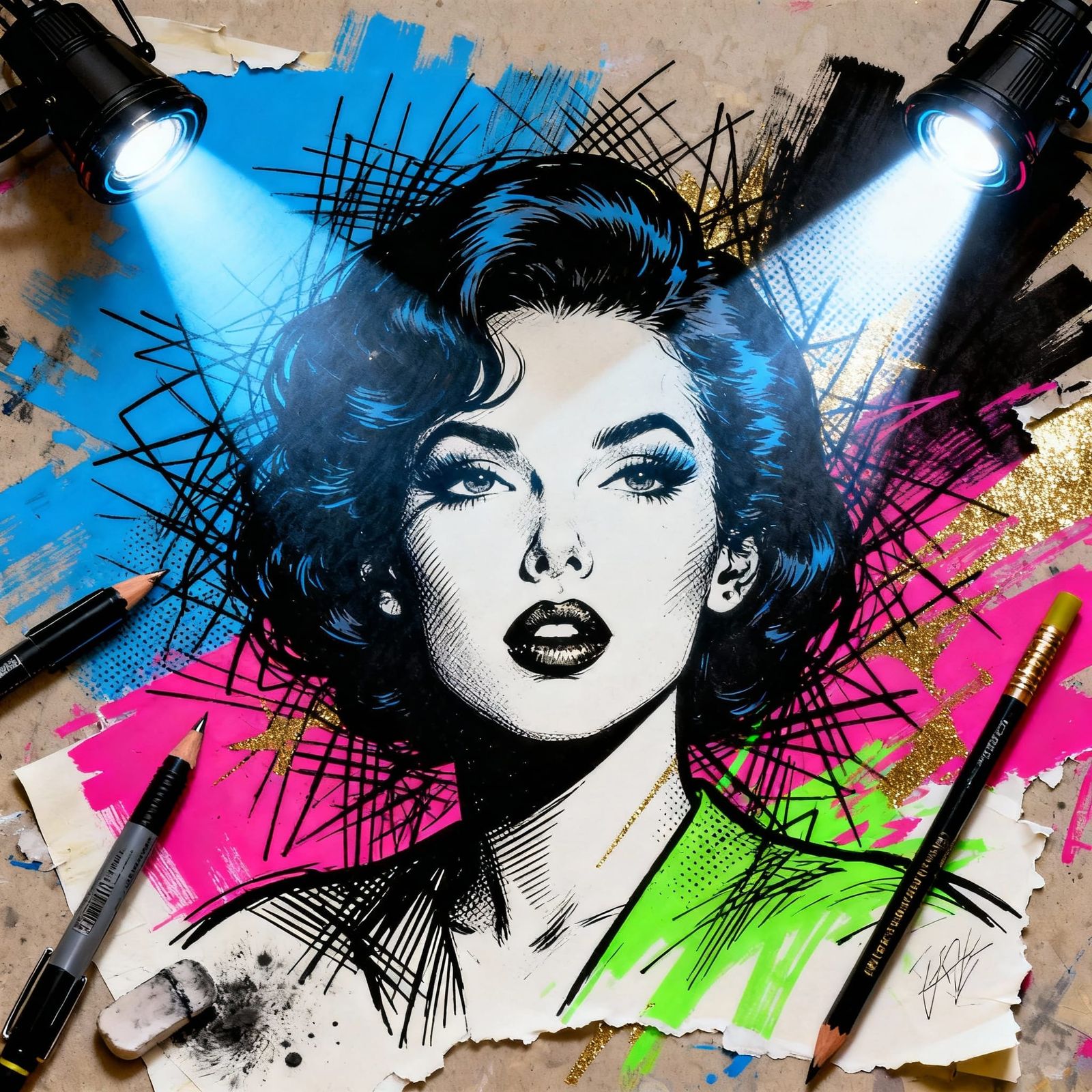 Vibrant Pop-Art Doodle Sketch of a Woman's Face