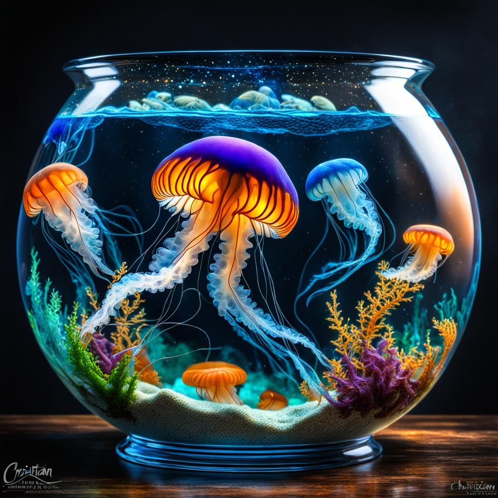 Vibrant Jellyfish in Fishbowl: Photorealistic Render