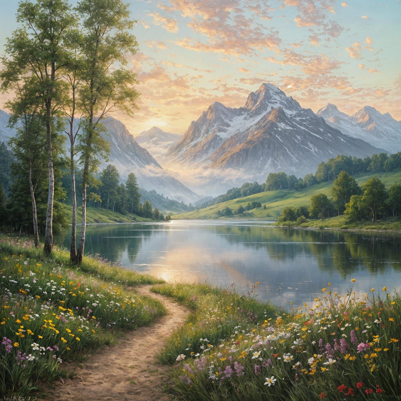 Serene Sunrise Landscape Painting with Tranquil Lake