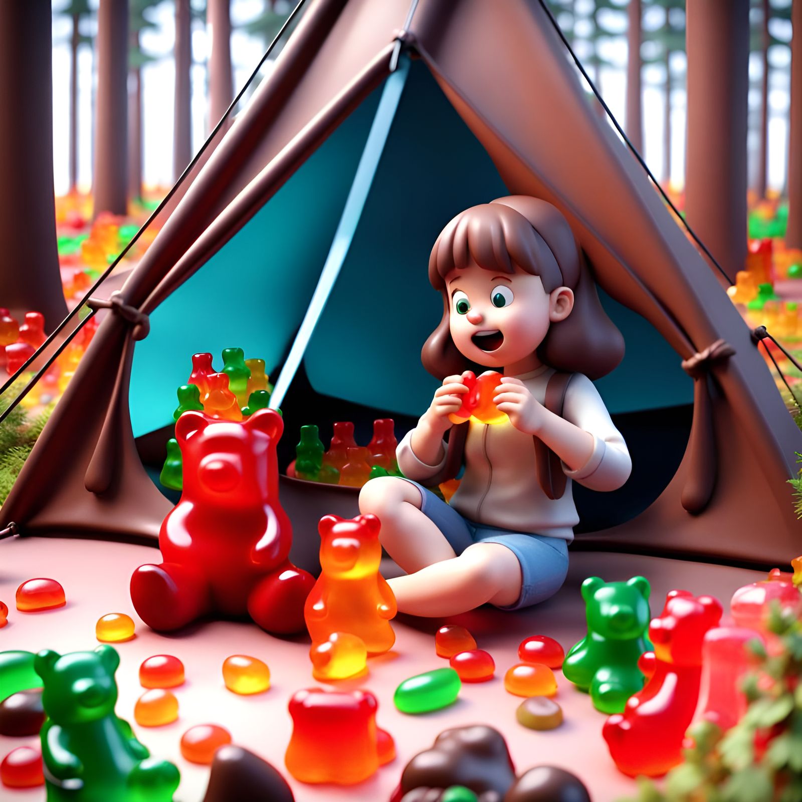Girl Enjoys Gummy Bears in Chocolate Jello Forest