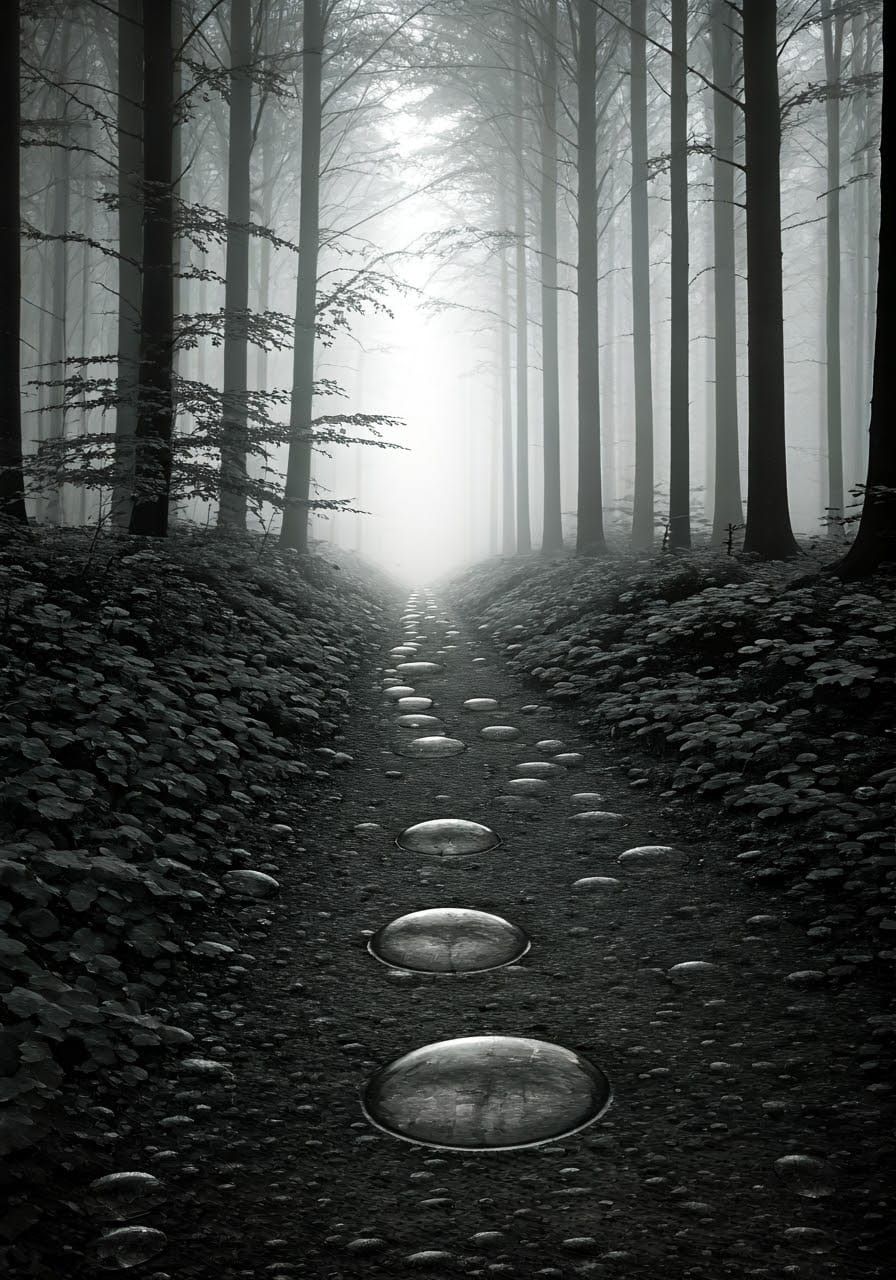 Monochrome Fractal Forest Path with Bubbles