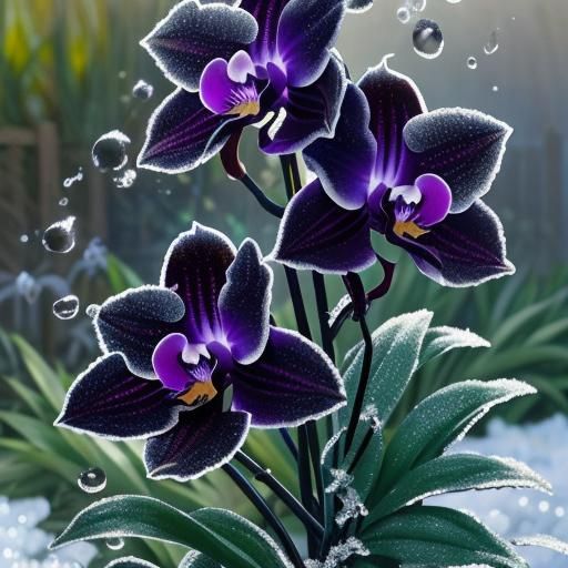 Black Orchids in Frosty Dewdrop Garden