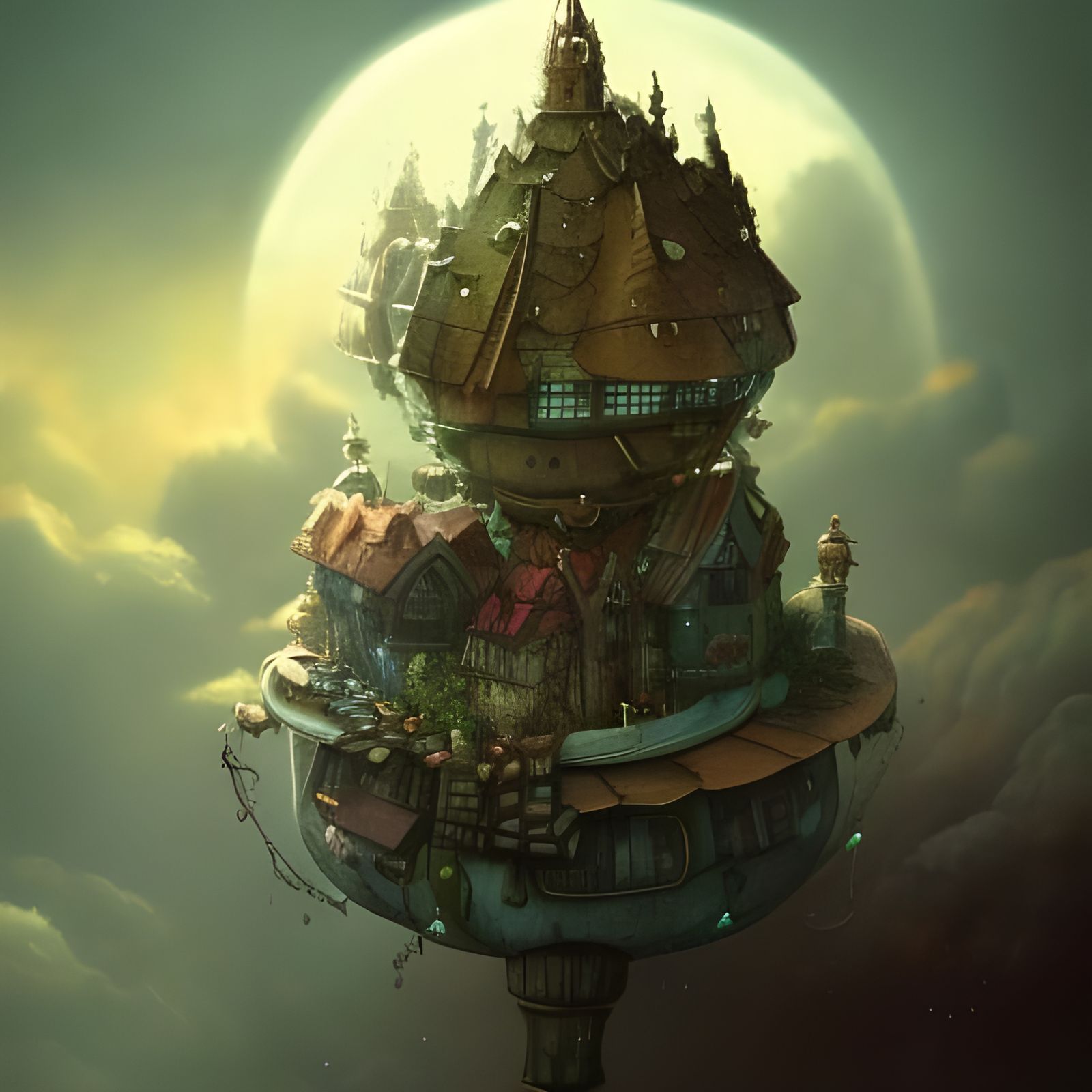 Fantasy Floating Cities Above Clouds, Studio Ghibli Style
