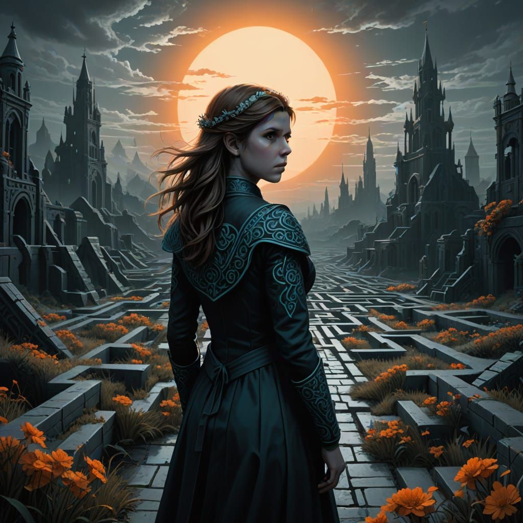 Mysterious Gray Maze Under Ominous Black Sun