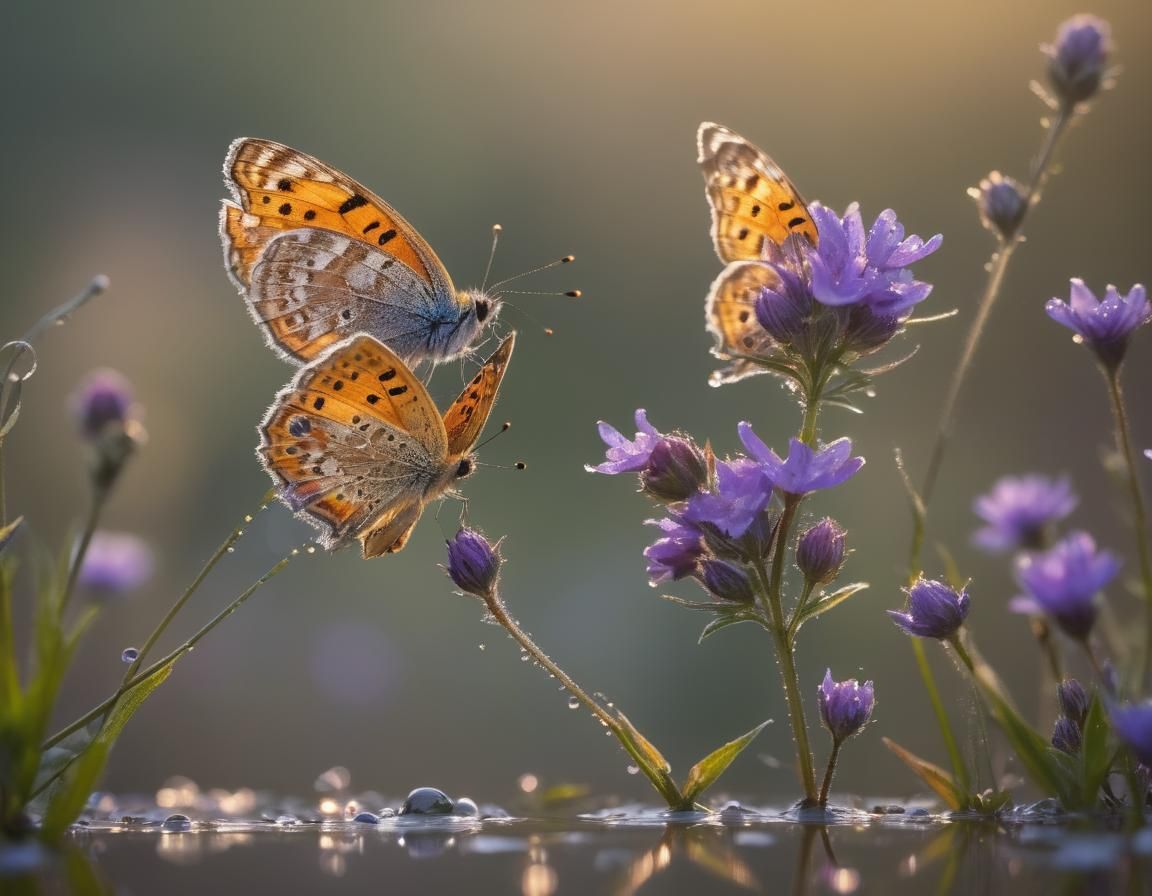 Butterflies on Purple Wildflower Macro Photography