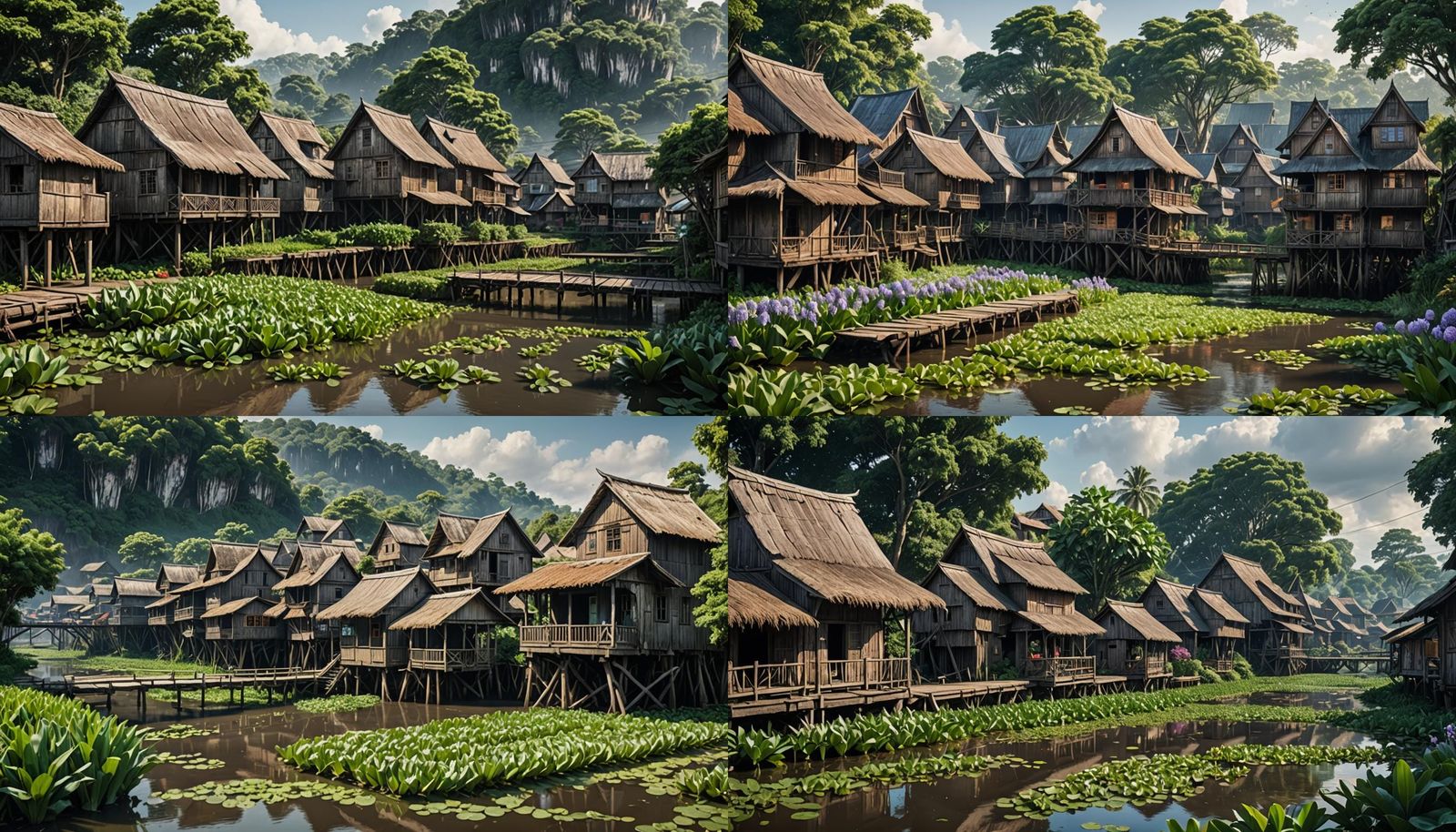 Riverside Village with Water Hyacinths: Detailed Matte Paint...