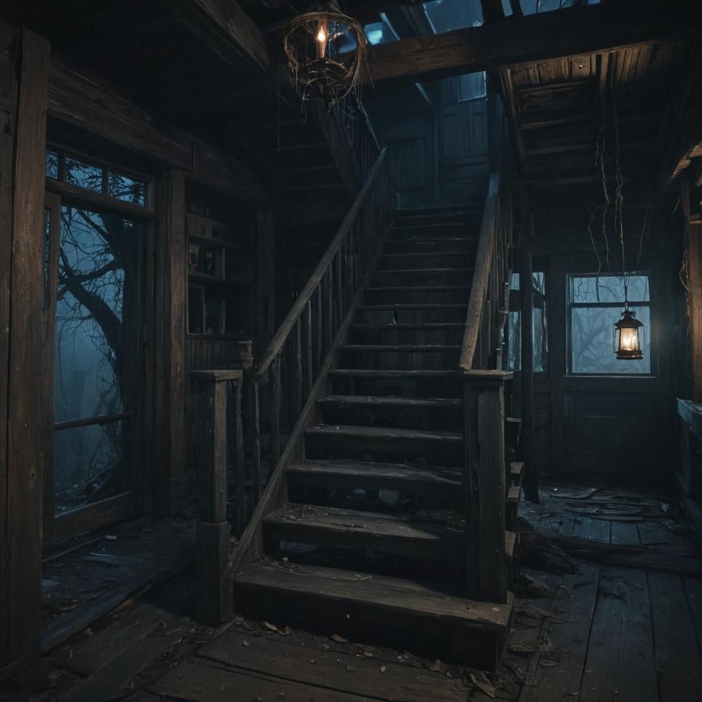 Eerie Abandoned Cabin Interior in Dark Academia Style