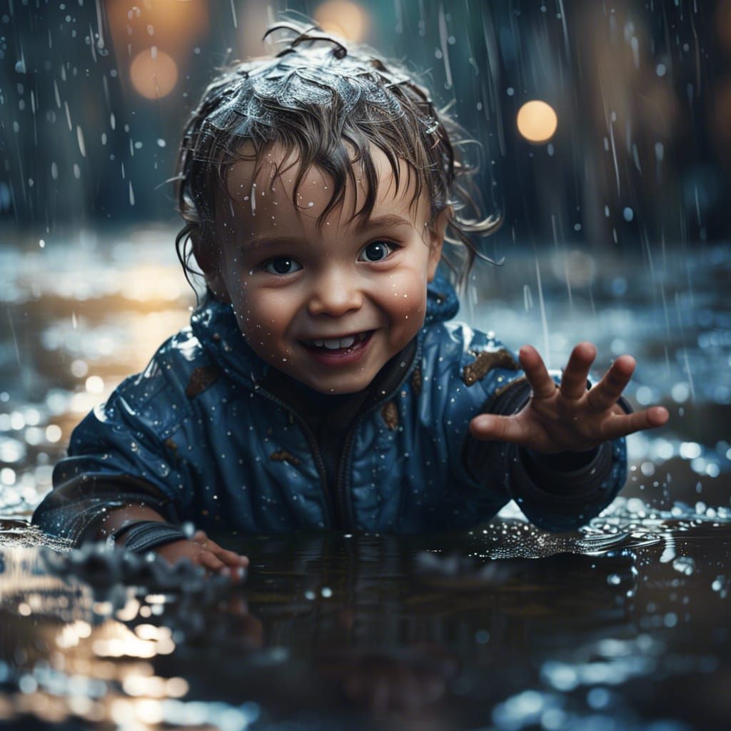 Happy Toddler Plays in Rainy Puddle: Matte Painting