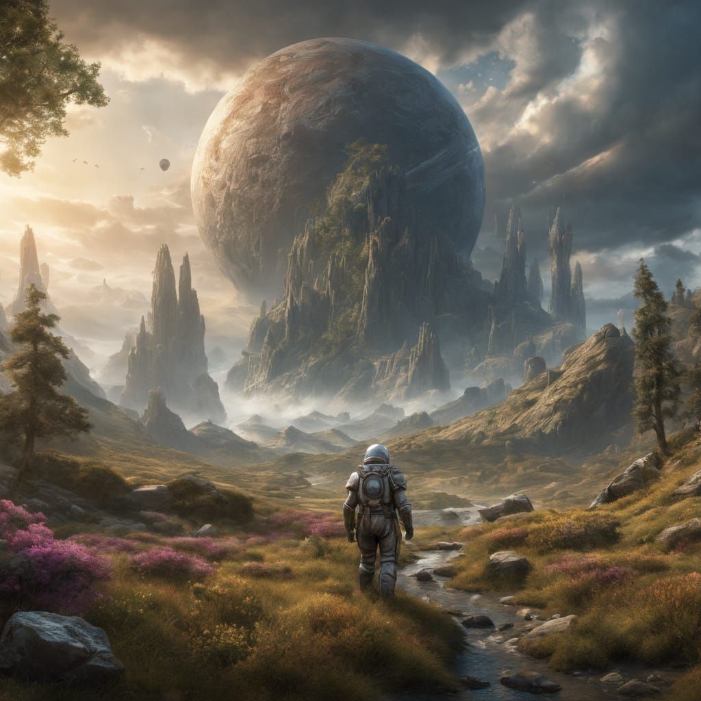 Astronaut in Medieval Armor Plants Flag on Alien Planet in E...