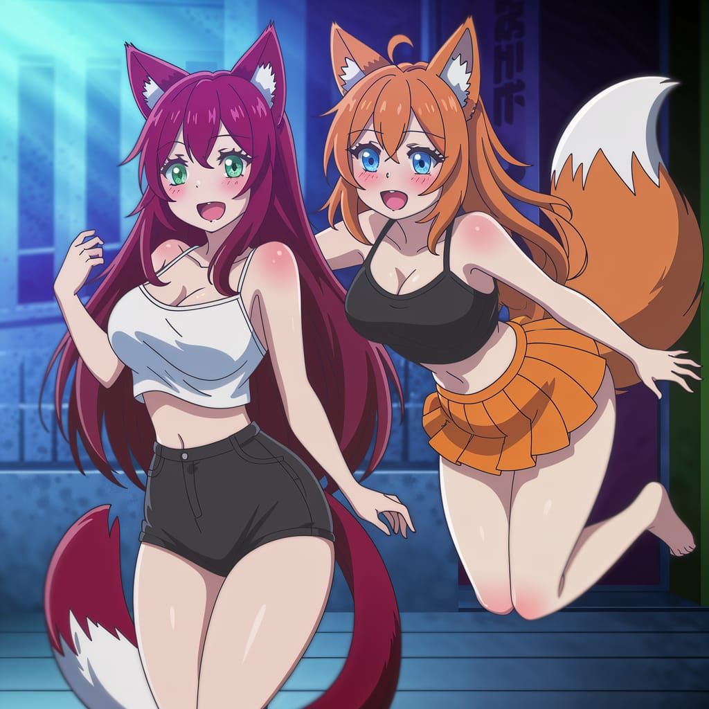 Anime Women: Cat and Fox Girl Playfully Pouncing