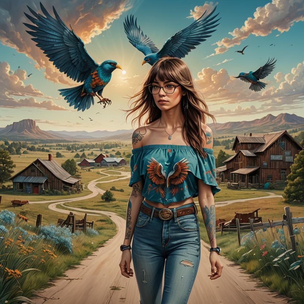 American Woman in Country Landscape, Cinematic Art